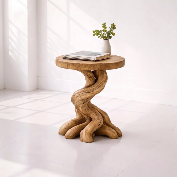 Sculptural Twisted Solid Wood Side Table