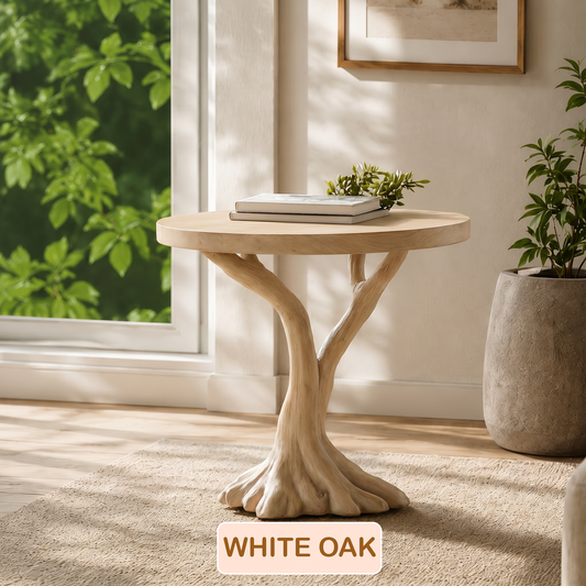 Round Top Solid Wood Tree Base Side Table