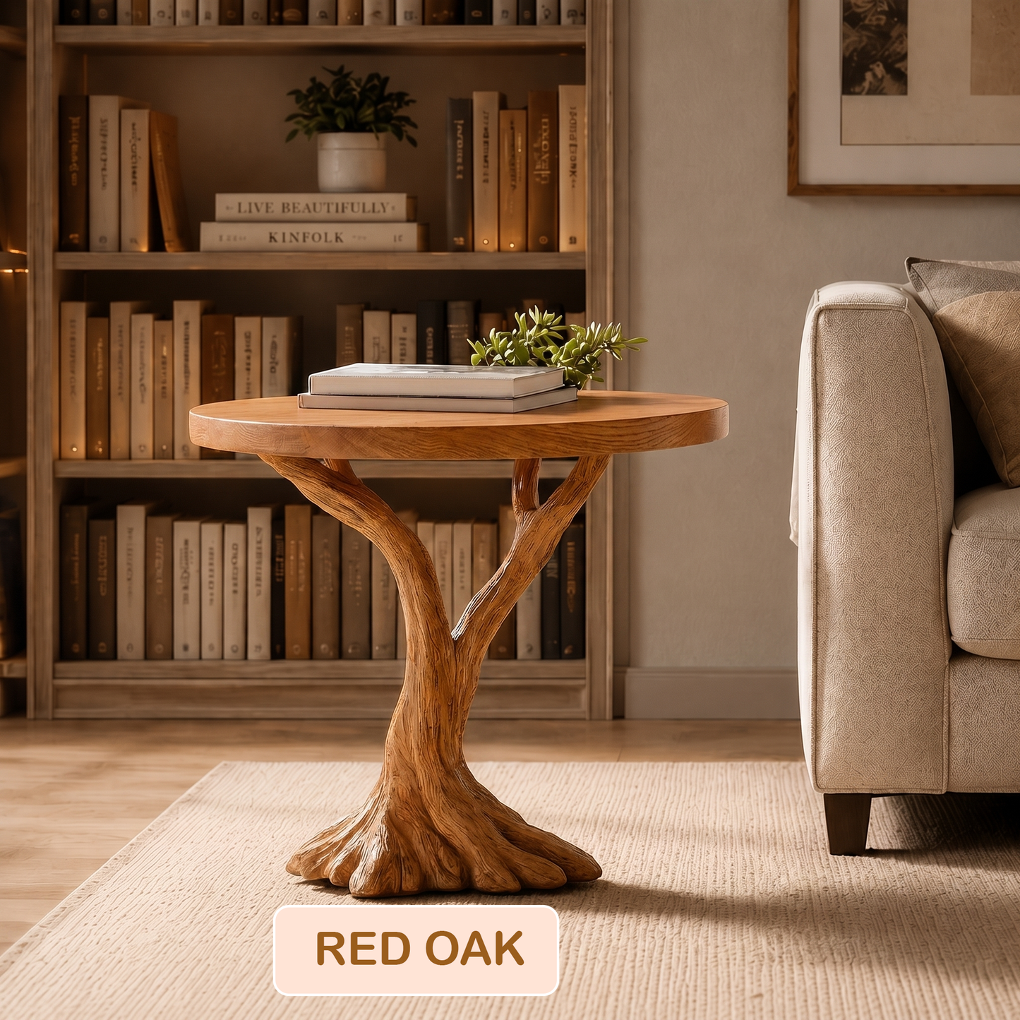 Round Top Solid Wood Tree Base Side Table