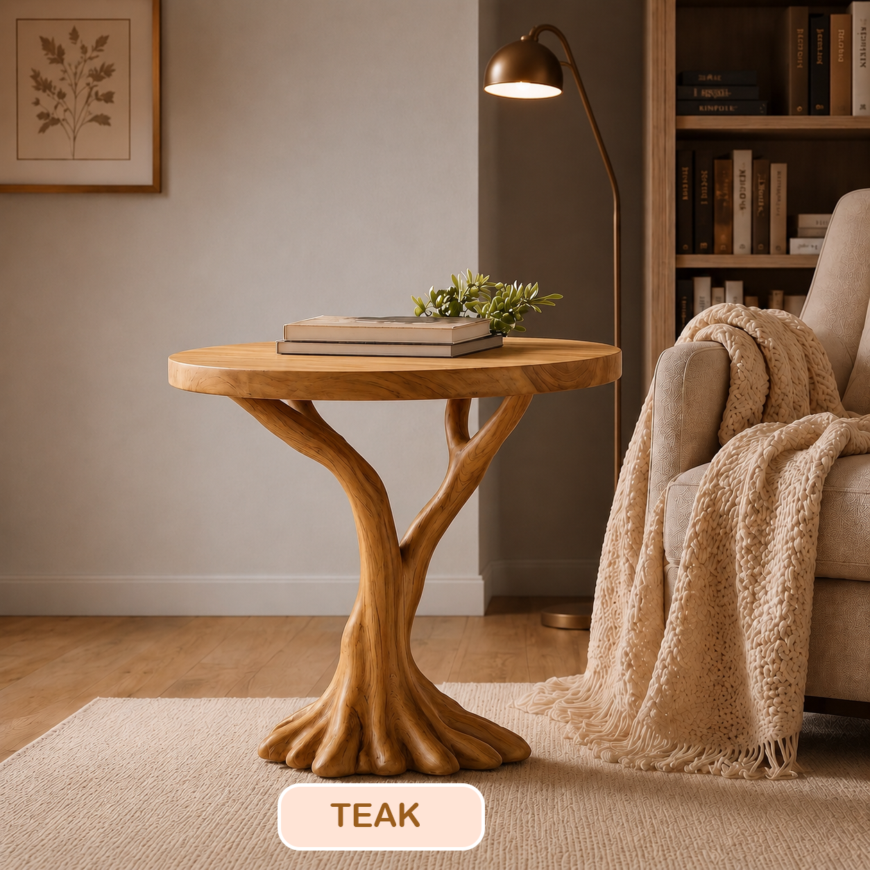 Round Top Solid Wood Tree Base Side Table