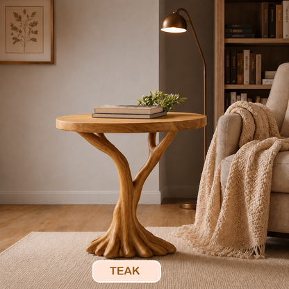 Round Top Solid Wood Tree Base Side Table