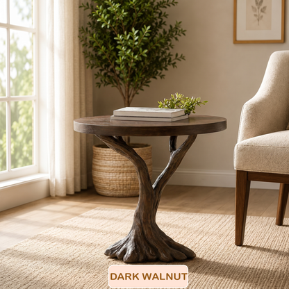 Round Top Solid Wood Tree Base Side Table