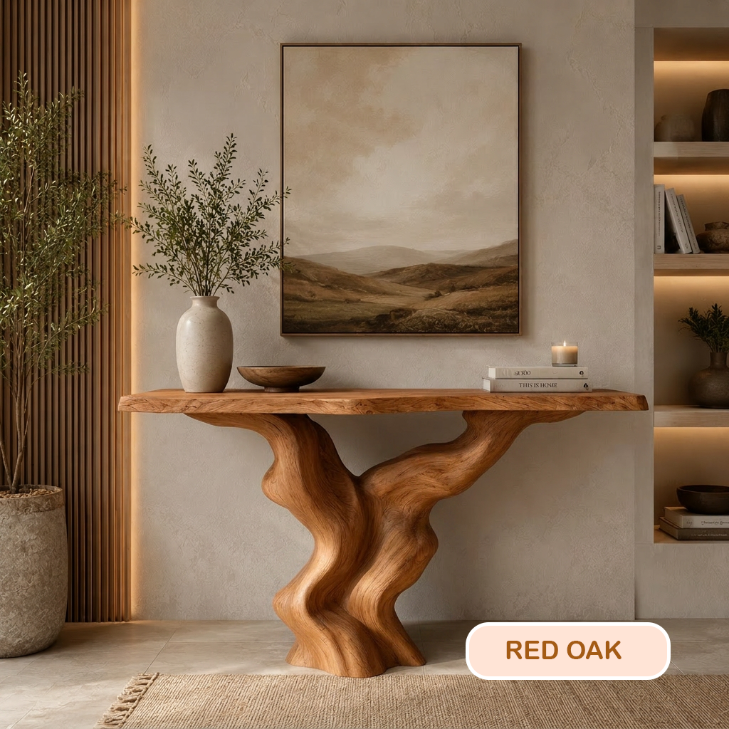 Earthy Modern Sculptural Wood Console Table