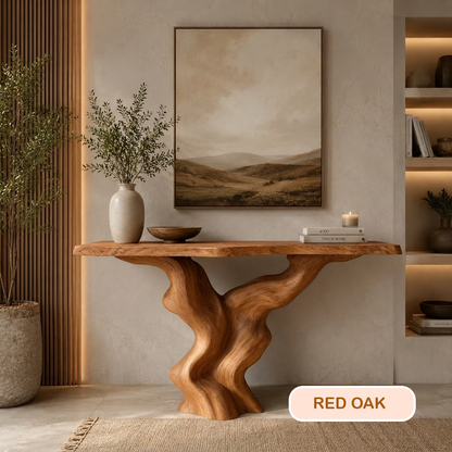 Earthy Modern Sculptural Wood Console Table