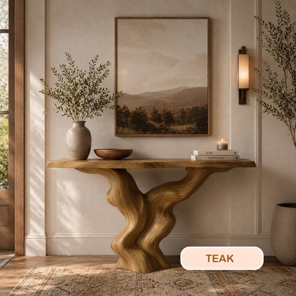 Earthy Modern Sculptural Wood Console Table
