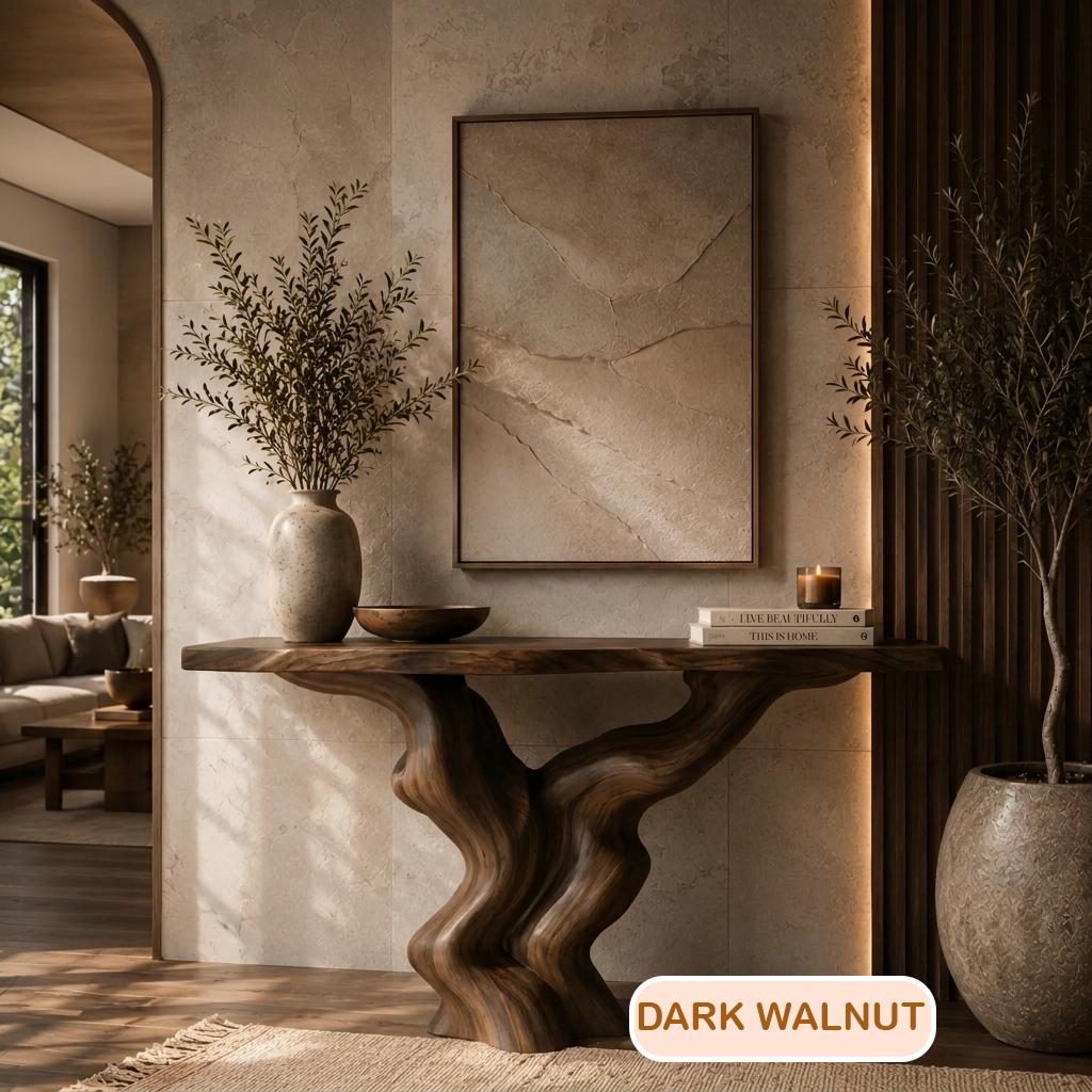 Earthy Modern Sculptural Wood Console Table