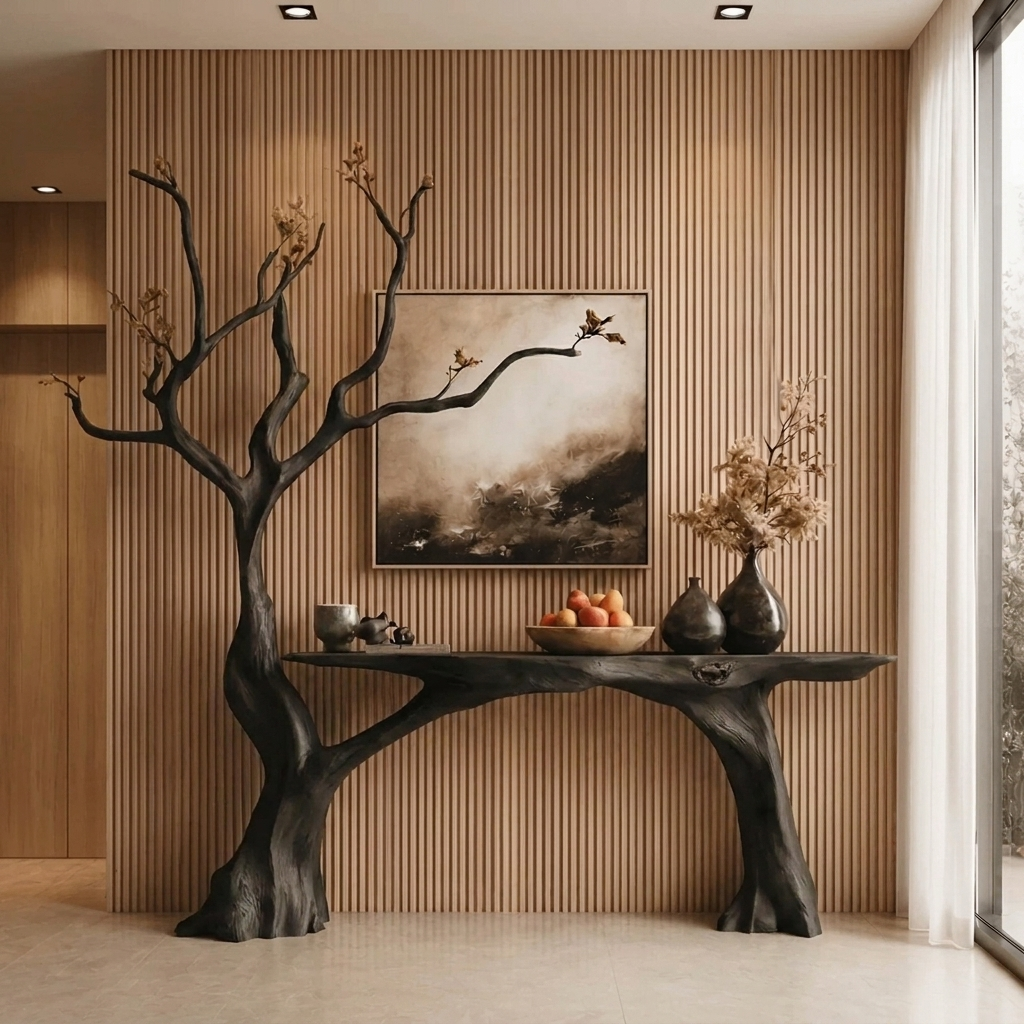 Live Edge Wood Console Table With Tree Base