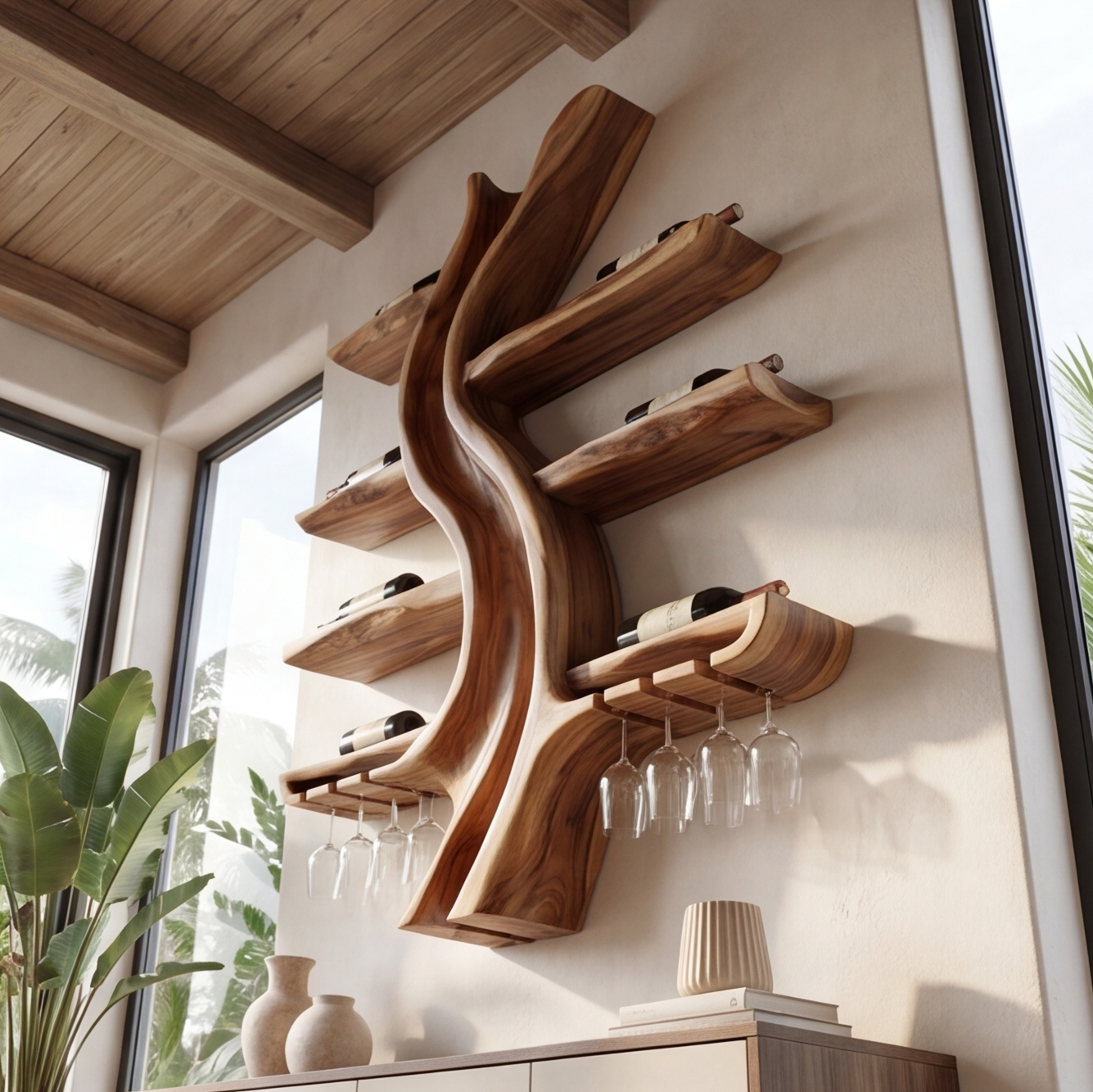 Solid Wood Tree Wine Rack With Stemware