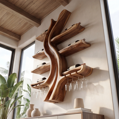 Solid Wood Tree Wine Rack With Stemware