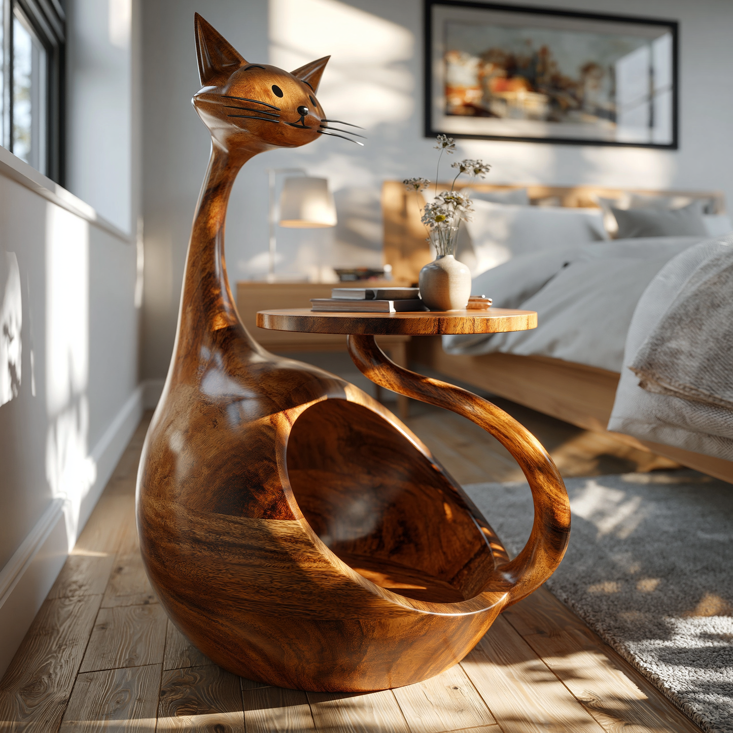 Handcrafted Cat Shaped Wooden Side Table