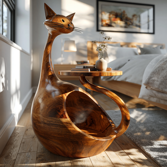 Handcrafted Cat Shaped Wooden Side Table
