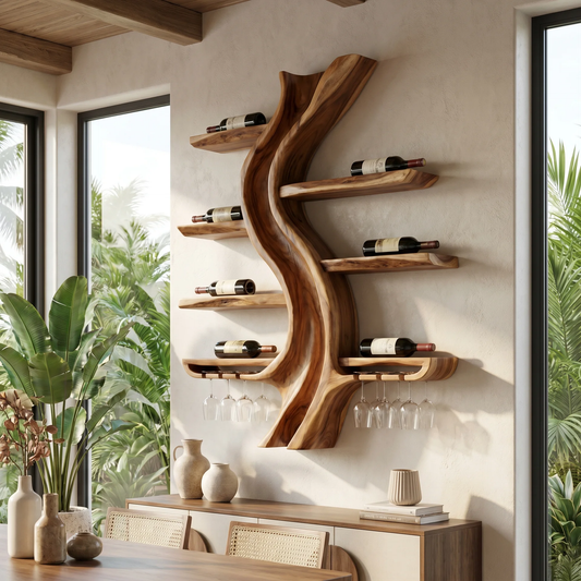 Solid Wood Tree Wine Rack With Stemware