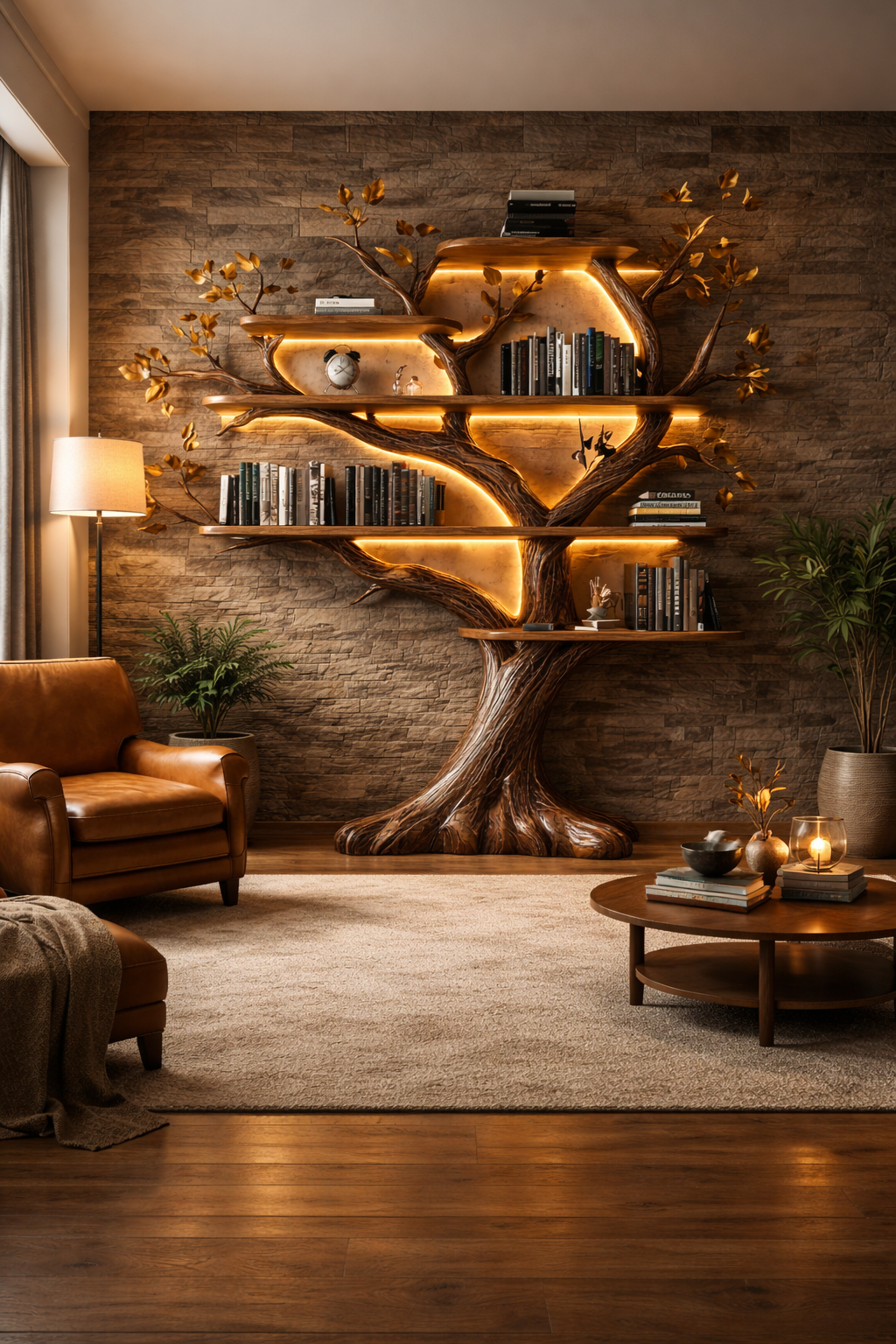 Wall Mounted Solid Wood Branch Bookshelf