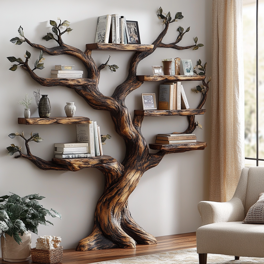 Rustic Wood Tree Shape Bookshelf
