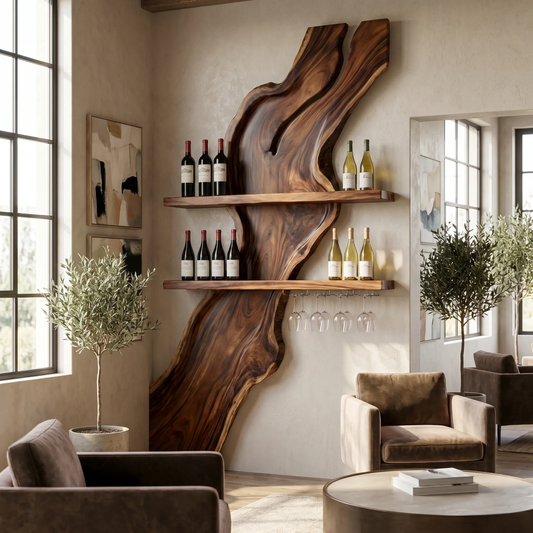 Live Edge Wood Wine Rack With Glass Holder