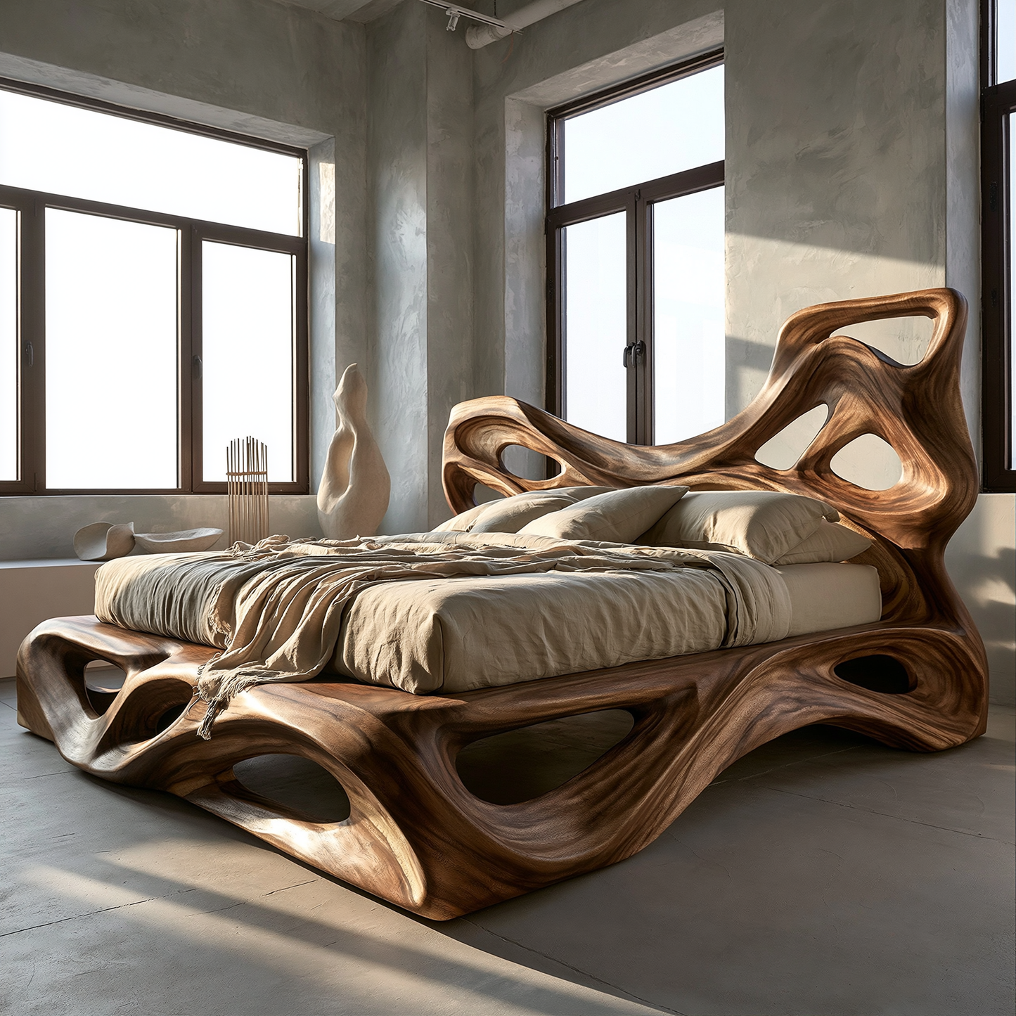 Organic Modern Sculptural Wood Bed Frame