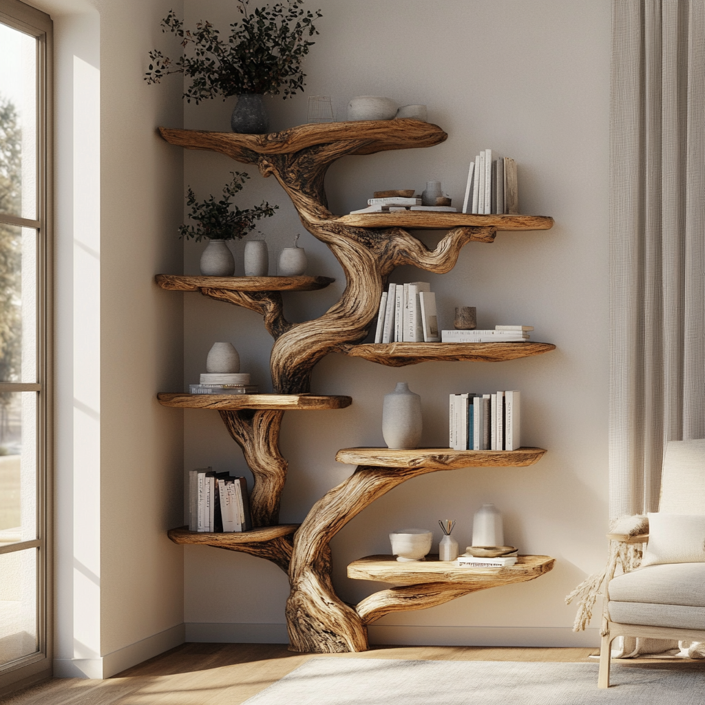 Rustic Wood Tree Shaped Wall Bookshelf