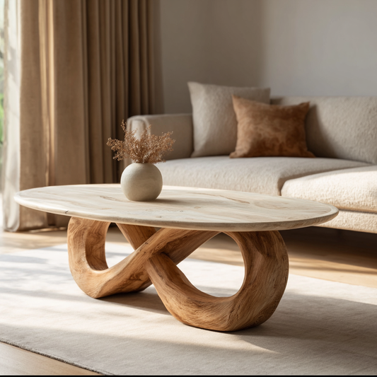 Japandi Solid Wood Oval Coffee Table