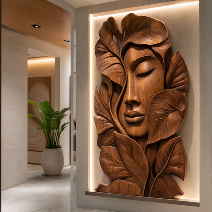 Hand-Carved Abstract Woman Face Wall Art