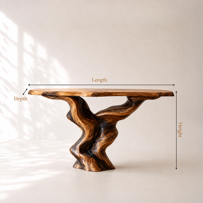 Earthy Modern Sculptural Wood Console Table