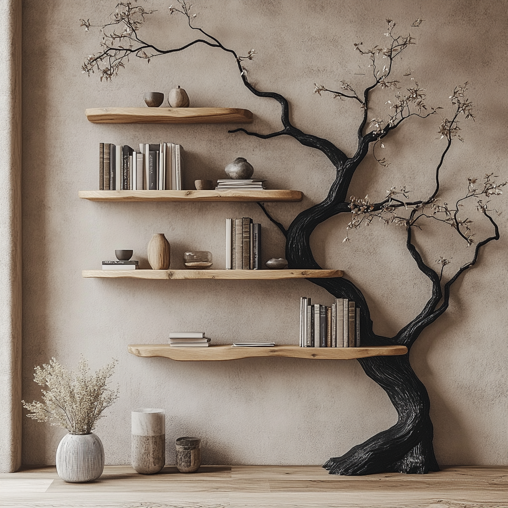 Rustic Wood Tree Branch Bookshelf