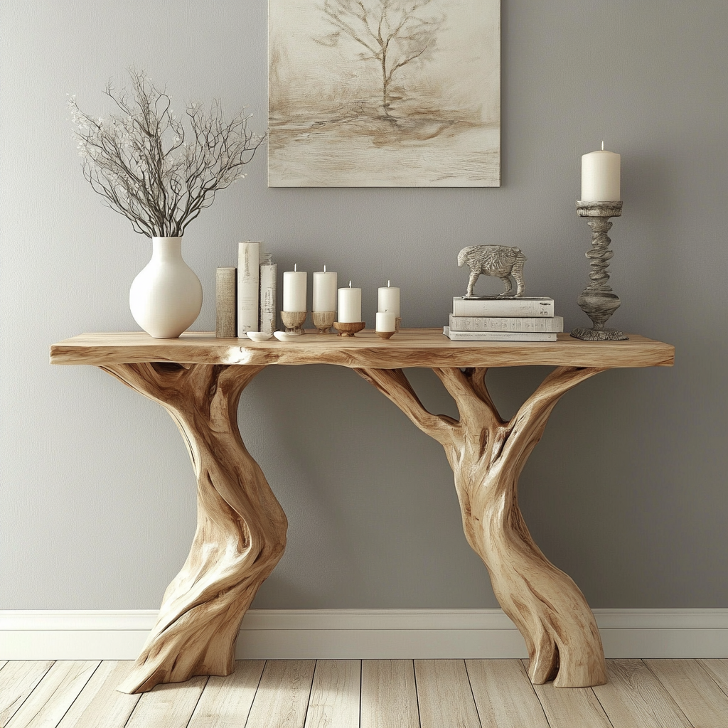 Rustic Solid Wood Tree Base Console Table