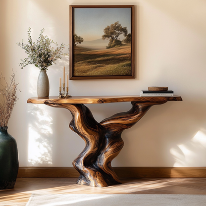 Earthy Modern Sculptural Wood Console Table
