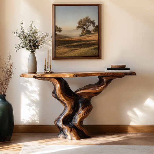 Earthy Modern Sculptural Wood Console Table
