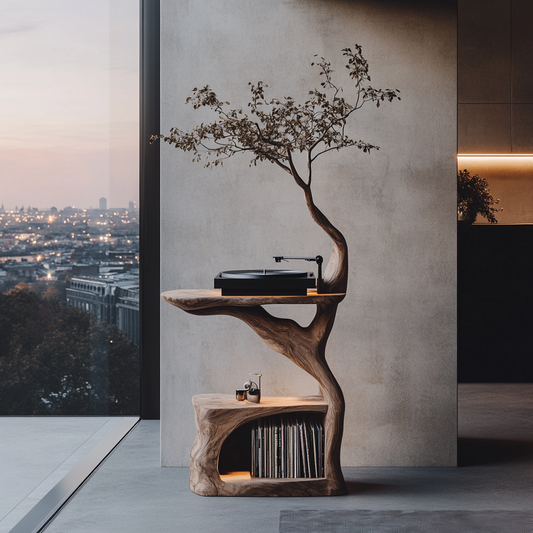 Modern Sculptural Wood Record Player Stand