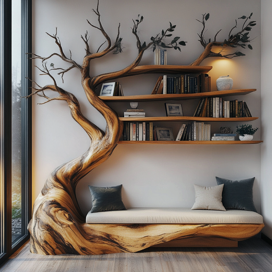 Solid Wood Tree Bookshelf With Bench