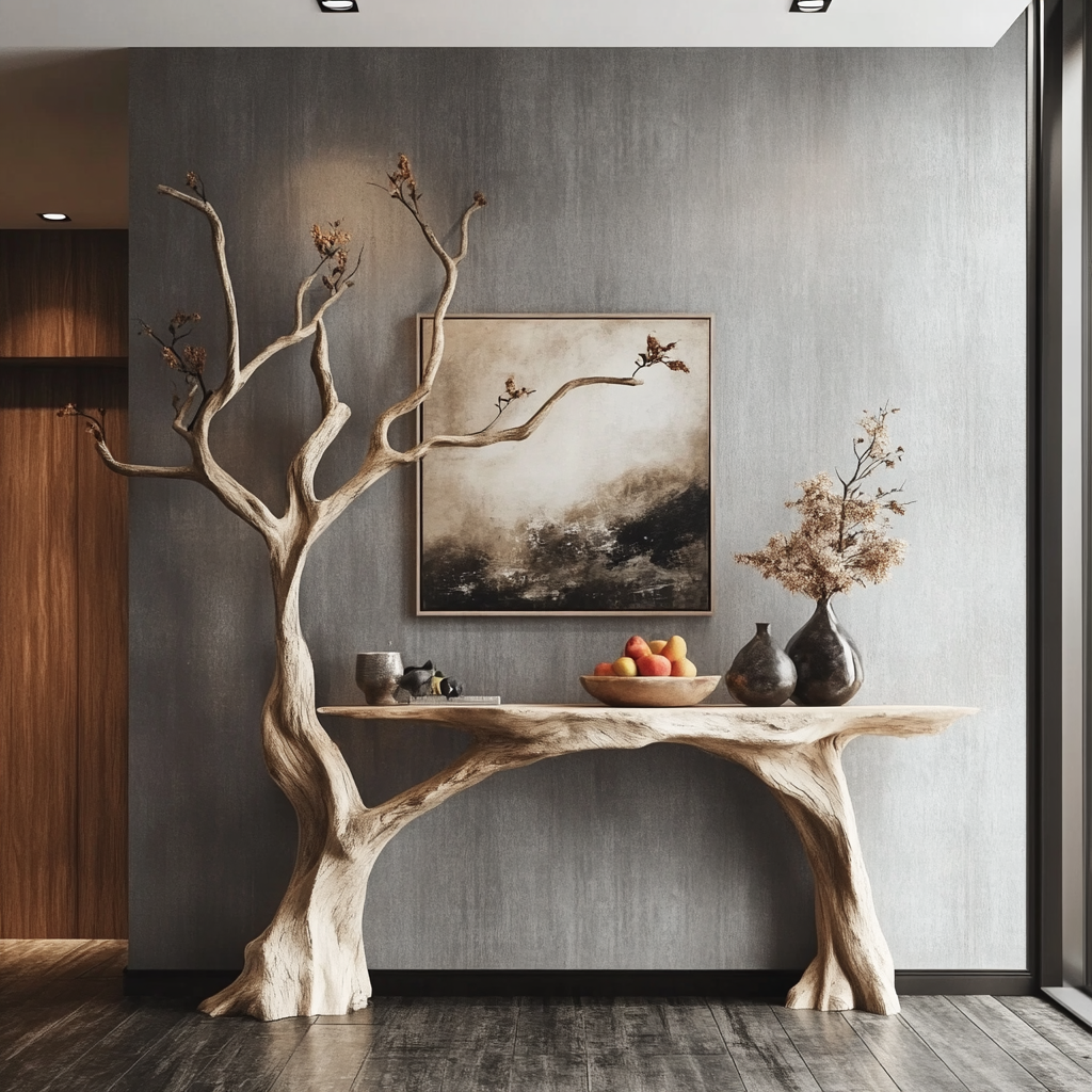 Live Edge Wood Console Table With Tree Base