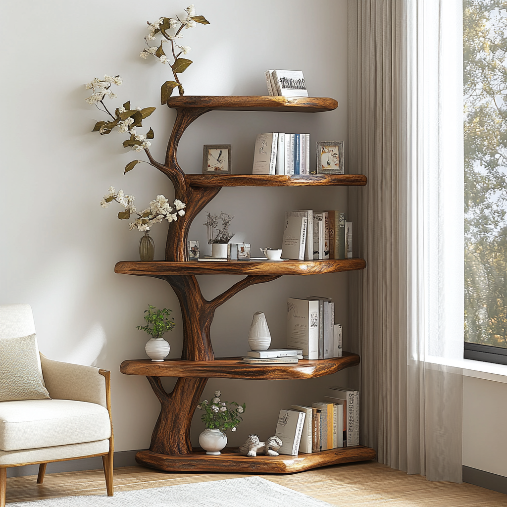 Rustic Wood Corner Tree Bookshelf
