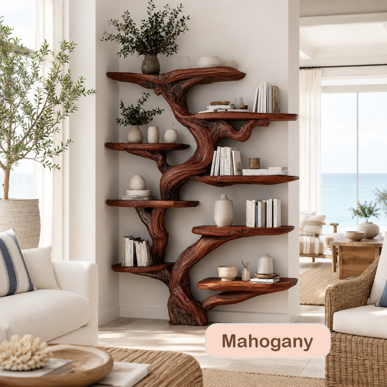Rustic Wood Tree Shaped Wall Bookshelf