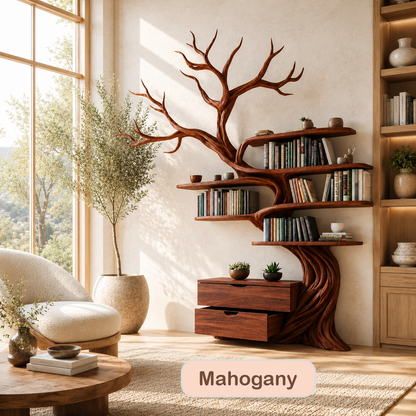 Solid Wood Tree Bookshelf With Drawers