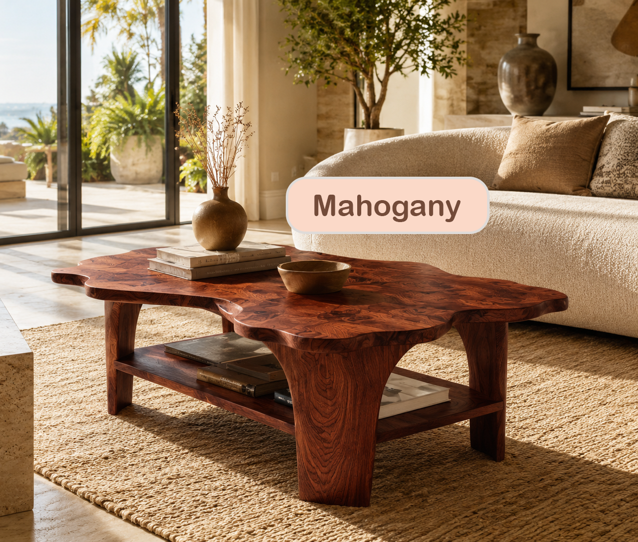 Live Edge Solid Wood Coffee Table With Shelf