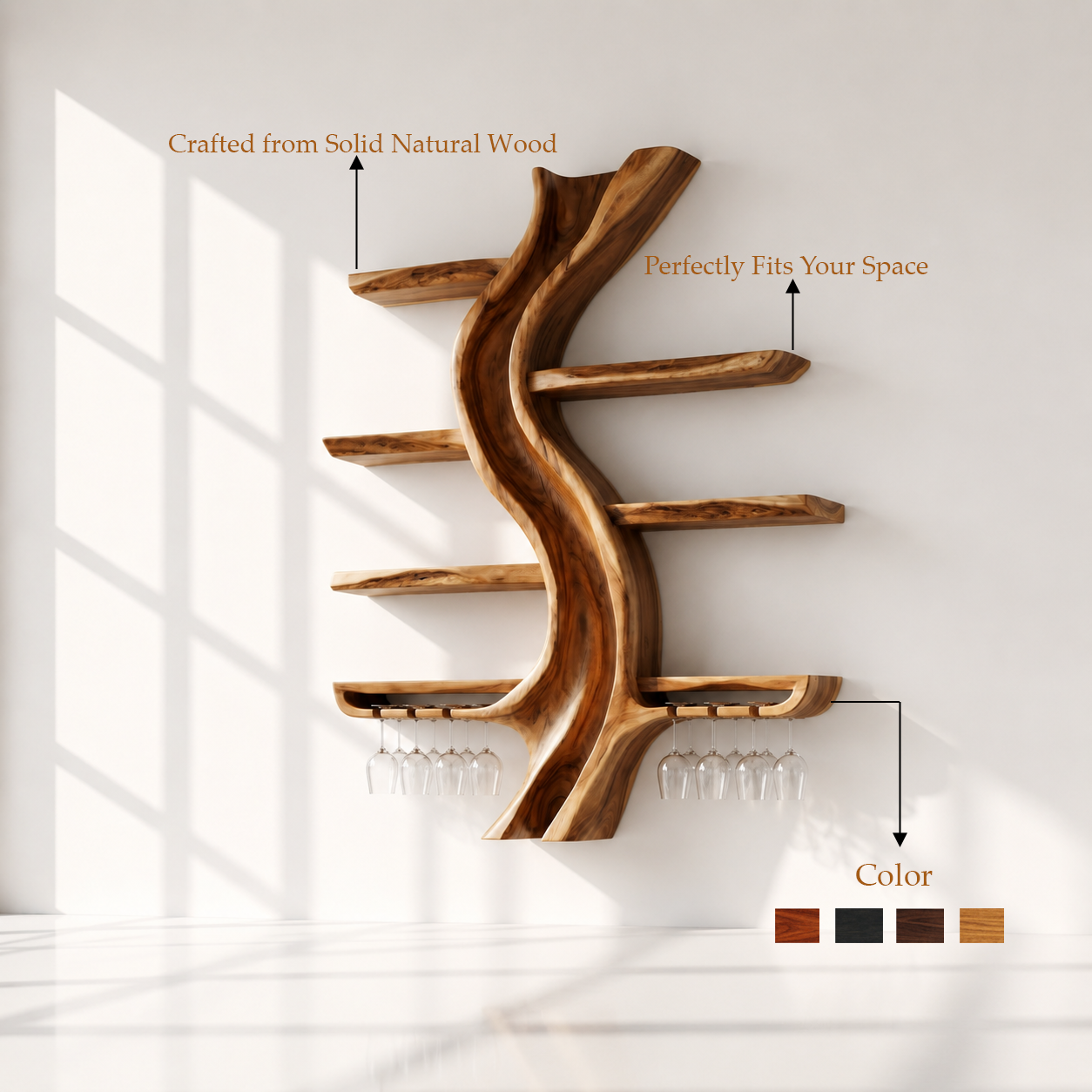 Solid Wood Tree Wine Rack With Stemware
