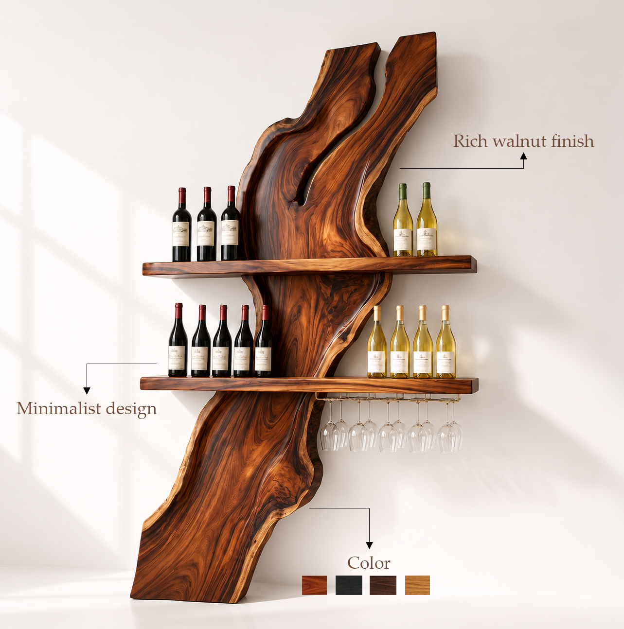 Live Edge Wood Wine Rack With Glass Holder