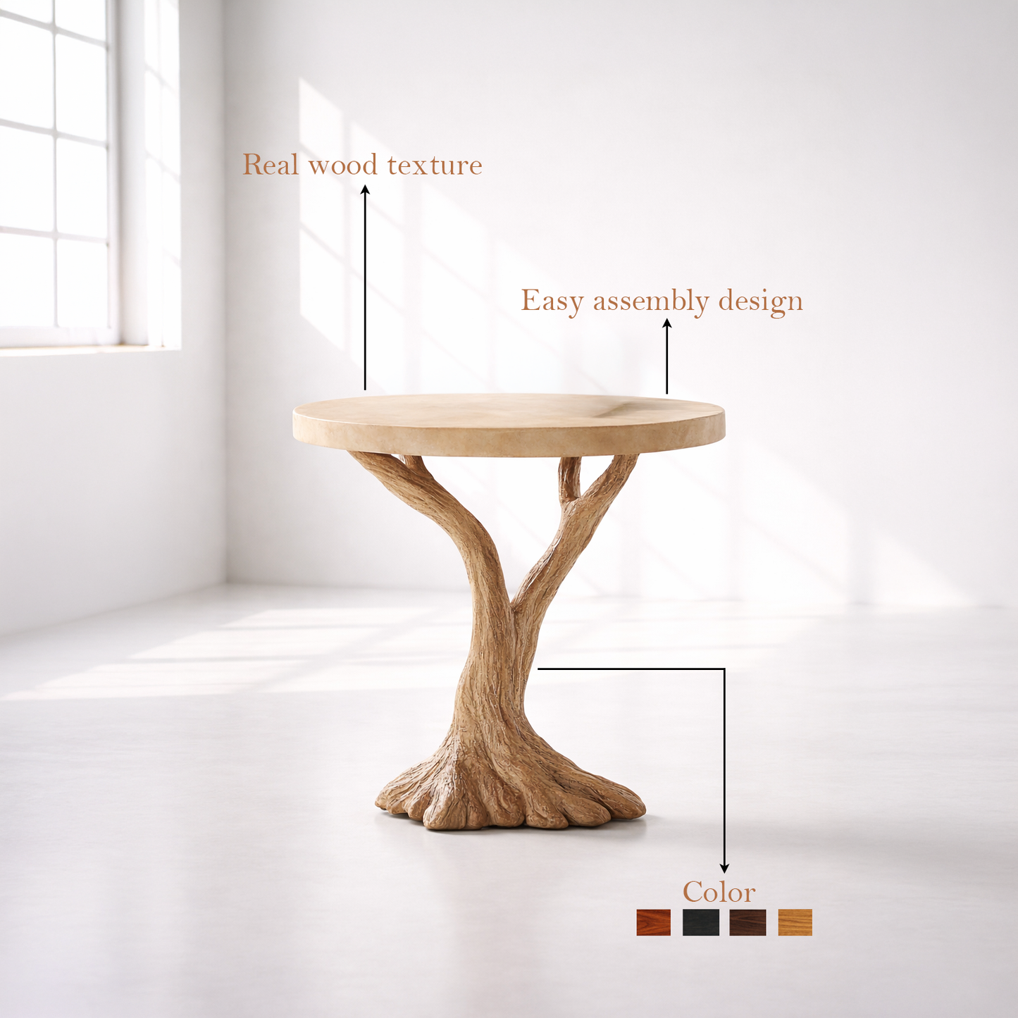 Round Top Solid Wood Tree Base Side Table