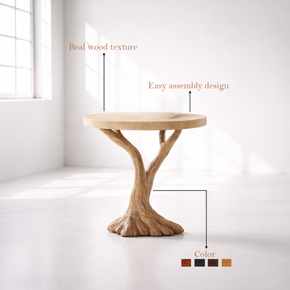 Round Top Solid Wood Tree Base Side Table