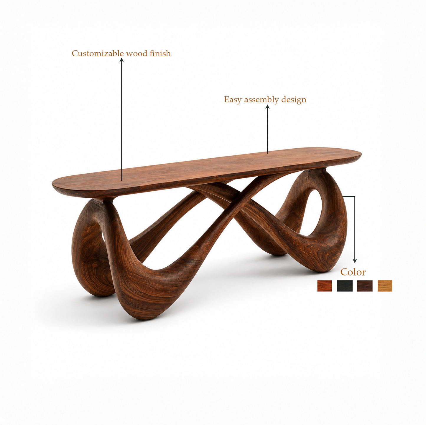 Modern Sculptural Solid Wood Bench