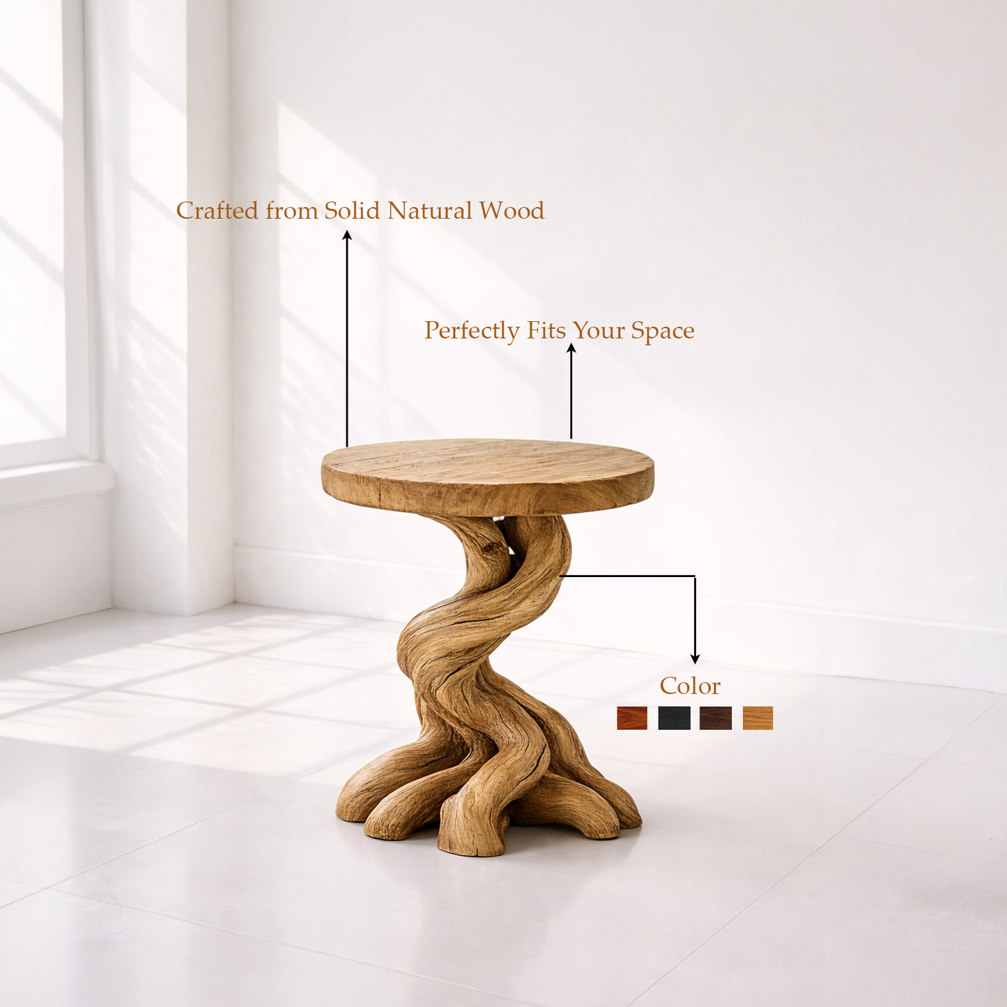 Sculptural Twisted Solid Wood Side Table