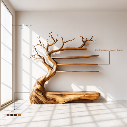 Solid Wood Tree Bookshelf With Bench
