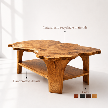 Live Edge Solid Wood Coffee Table With Shelf