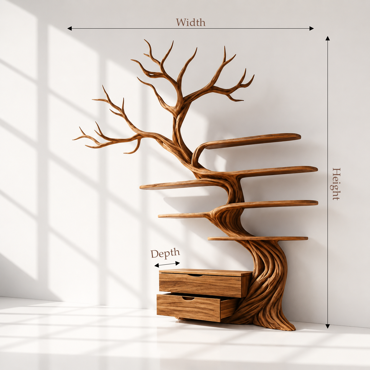 Solid Wood Tree Bookshelf With Drawers