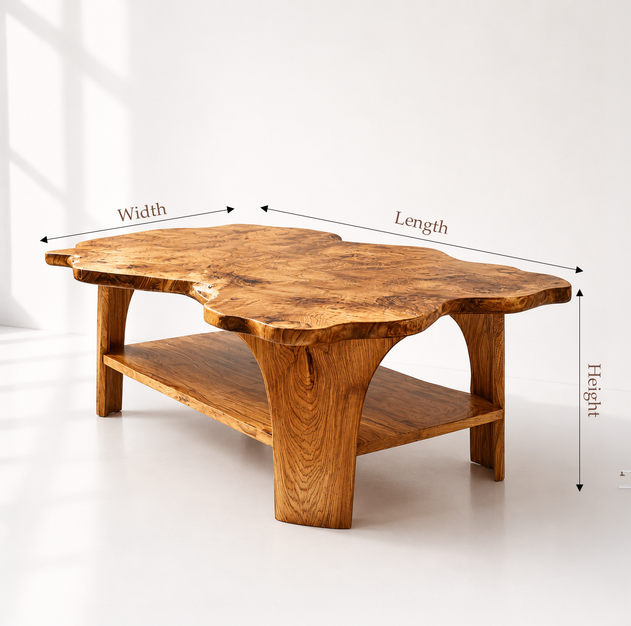Live Edge Solid Wood Coffee Table With Shelf