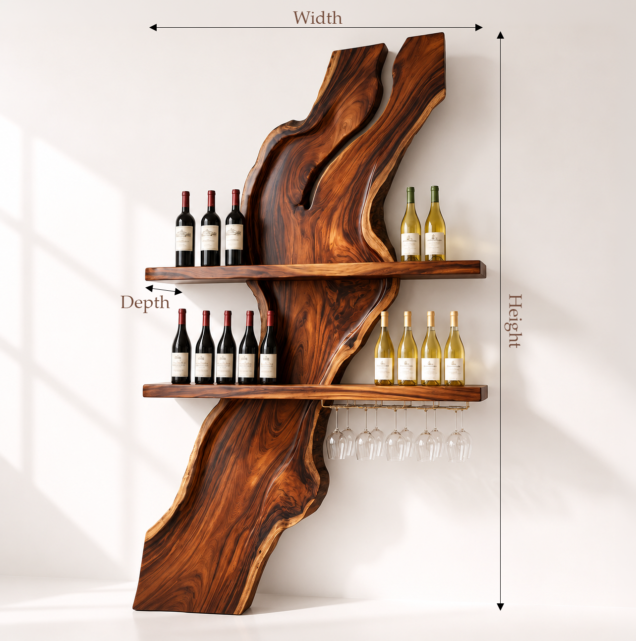 Live Edge Wood Wine Rack With Glass Holder
