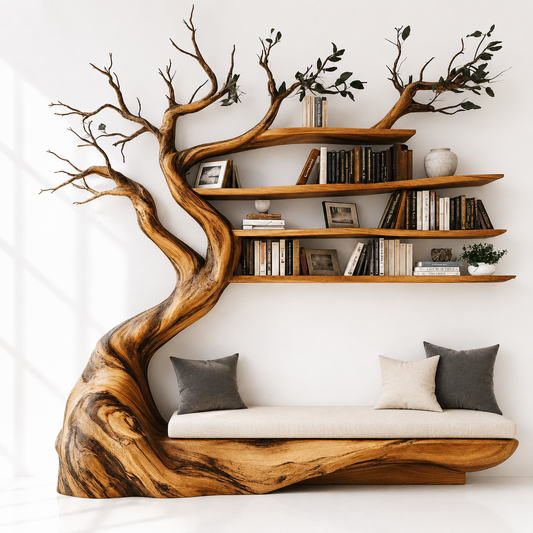 Solid Wood Tree Bookshelf With Bench