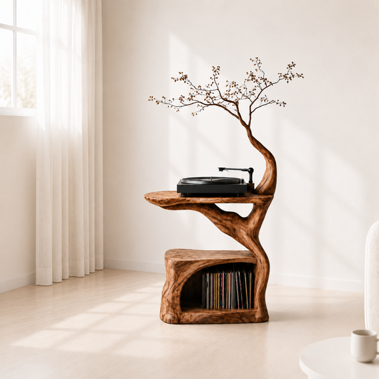 Modern Sculptural Wood Record Player Stand