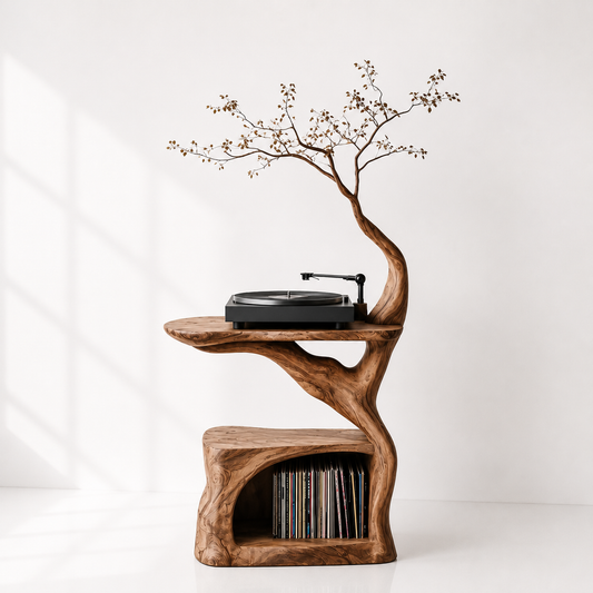 Modern Sculptural Wood Record Player Stand