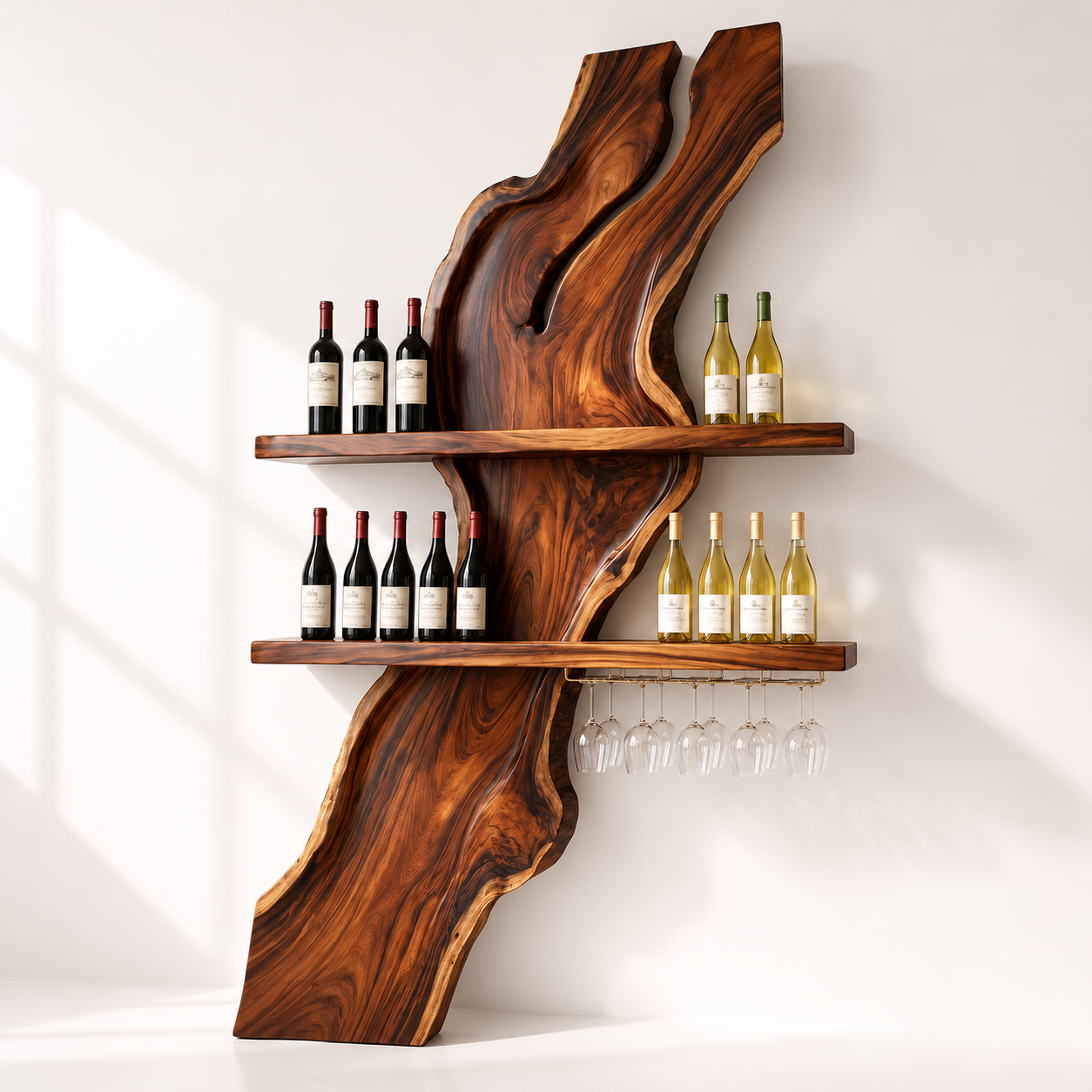 Live Edge Wood Wine Rack With Glass Holder